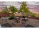 Relaxing backyard with gravel, a fire pit, mature trees, and comfortable seating for outdoor enjoyment at 10561 E Plata Ave, Mesa, AZ 85212