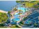 Stunning aerial view of the community pool with a lighthouse and slide surrounded by palm trees at 18126 W Ocotillo Ave, Goodyear, AZ 85338