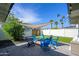 Backyard patio features stylish seating around a modern fire pit with a shade cover and putting green at 2044 N 71St St, Scottsdale, AZ 85257