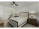 Calm bedroom offering neutral tones, modern lamps and a doorway to the bathroom at 2511 W Queen Creek Rd # 266, Chandler, AZ 85248