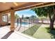 View of pool and grassy backyard from covered patio at 5185 W Del Rio St, Chandler, AZ 85226