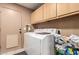 Bright laundry room features modern washer and dryer, storage cabinets, and a convenient side entry door at 7103 E Medina Ave, Mesa, AZ 85209