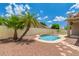 Backyard pool features desert landscaping, pebble ground cover, and mature palm trees under a blue sky at 2233 S Nielson St, Gilbert, AZ 85295