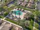 Stunning aerial view of a community pool with palm trees, shaded cabanas, and well-manicured landscaping at 4646 E Maplewood St, Gilbert, AZ 85297