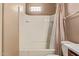 White bathroom with glass block window above tub and shower at 900 S 94Th St # 1166, Chandler, AZ 85224