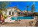 Inviting backyard pool area with lush landscaping and clear blue water on a sunny day at 9309 E Obispo Ave, Mesa, AZ 85212