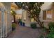 Inviting home entrance with a brick walkway, mature tree, and decorative gate at 1700 E Lakeside Dr # 12, Gilbert, AZ 85234