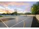 Outdoor multi-use sports court at dusk, equipped for basketball and volleyball, surrounded by trees at 6718 E Caron Dr, Paradise Valley, AZ 85253