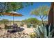 Backyard patio featuring a dining set under an umbrella with pool and desert landscaping at 23014 N 52Nd St, Phoenix, AZ 85054