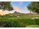 A view of the golf course with lush green grass and water features, with desert mountain backdrop under sunset skies at 27050 N 103Rd St, Scottsdale, AZ 85262