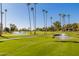 Picturesque golf course showcasing lush green grass, ponds with fountains, and tall palm trees under a clear blue sky at 9234 W Sierra Pinta Dr, Peoria, AZ 85382