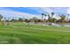 Scenic view of a well-maintained golf course featuring a water hazard, lush green fairway, and tall palm trees under a blue sky at 9234 W Sierra Pinta Dr, Peoria, AZ 85382
