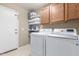 Bright laundry area with a washer, dryer, storage cabinets, shelving, and a utility door to the exterior at 19933 N Emmerson Dr, Maricopa, AZ 85138