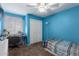 Charming bedroom with a ceiling fan, a closet, and a cozy bed, creating a peaceful and inviting space at 542 N Orlando Cir, Mesa, AZ 85205
