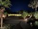 Night view of the backyard featuring a pool, lush landscaping, and mature palm trees with landscape lighting at 8220 W Mariposa Grande Ln, Peoria, AZ 85383