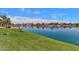 Scenic lakeside view features a tranquil lake, lush green grass, and comfortable park bench for relaxation and enjoyment at 16013 S Desert Foothills Pkwy # 2130, Phoenix, AZ 85048