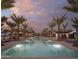 Tranquil community pool lined with palm trees, providing a luxurious and relaxing experience with stunning sunset views at 17560 W Crawfordsville Dr, Surprise, AZ 85388