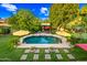 Aerial view of a sparkling pool surrounded by lush landscaping, offering a private backyard oasis at 2066 E Lockwood St, Mesa, AZ 85213