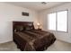 Bedroom featuring a queen size bed with brown bedding and a dark wood headboard and side table at 2749 S Powell Rd, Apache Junction, AZ 85119