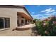 Charming back patio featuring outdoor seating and a curved border, surrounded by vibrant pink flowers and desert landscaping at 3928 N 151St Ave, Goodyear, AZ 85395