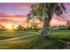 View of a lush green golf course at sunset, framed by mature trees and beautiful landscaping at 7425 E Gainey Ranch Rd # 13, Scottsdale, AZ 85258