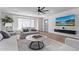 Modern living room featuring hardwood floors, comfortable seating, and an entertainment center with a large-screen TV at 8522 E Virginia Ave, Scottsdale, AZ 85257