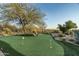 Backyard putting green with lush turf, mature trees, and desert plants offers a serene recreation space at 41611 N 113Th Pl, Scottsdale, AZ 85262