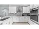Modern kitchen with white cabinetry, a tile backsplash, and stainless-steel appliances, and light countertops at 6092 S Bridal Vail Dr, Gilbert, AZ 85298