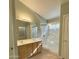 Bathroom featuring a large mirror, double sinks, and a tiled walk-in shower at 2453 E Nathan Way, Chandler, AZ 85225