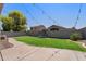Spacious backyard with a lush lawn, trampoline, and a concrete patio strung with decorative lighting at 21147 E Via Del Oro --, Queen Creek, AZ 85142