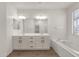 Bathroom with double sinks, a large mirror, and a pristine white bathtub at 22472 E Sonoqui Blvd, Queen Creek, AZ 85142