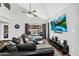 Vaulted ceilings enhance this living room, complete with hardwood floors, comfortable seating, and backyard views of the pool at 3608 W Harrison St, Chandler, AZ 85226