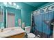 Bathroom featuring a single vanity, vibrant turquoise walls, and a shower with a playful cat-themed curtain at 2467 E Winchester Pl, Chandler, AZ 85286