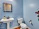 Light blue powder room featuring a pedestal sink, ornate mirror, and decorative toilet paper holder at 30909 N 27Th Ave, Phoenix, AZ 85085