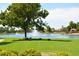 Picturesque pond with a fountain, grassy lawn, and lush landscaping, ideal for relaxation at 6967 W Potter Dr, Glendale, AZ 85308