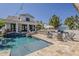 Spacious backyard featuring a sparkling pool, outdoor seating, a bar, and mature landscaping at 1379 S Claiborne Ave, Gilbert, AZ 85296