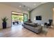 Modern living room featuring a sleek sectional sofa and large sliding glass doors at 12225 E Cortez Dr, Scottsdale, AZ 85259
