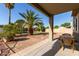 Expansive backyard featuring desert landscaping, a mature palm tree, and a covered patio area at 15010 W Hope Dr, Surprise, AZ 85379