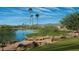 Picturesque view of a serene pond surrounded by mature trees, well-manicured lawns, and desert landscaping at 2885 N 164Th Dr, Goodyear, AZ 85395