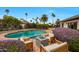 Inviting backyard pool with elegant tilework, lush greenery, and ample seating, creating a serene oasis at 5001 E Redfield Rd, Scottsdale, AZ 85254