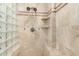 Close-up of a tiled shower with dual showerheads, corner shelves, and a glass block partition at 3931 E Fox Cir, Mesa, AZ 85205
