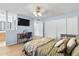 This bedroom includes a TV, desk, wardrobe, and neutral walls and accents, and includes an ensuite bathroom at 4631 N 77Th Dr, Phoenix, AZ 85033