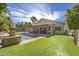 Inviting backyard featuring a covered patio, pool, and well-manicured artificial grass at 6264 E Omega St, Mesa, AZ 85215