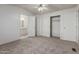 A carpeted bedroom features access to a walk-in closet and a bathroom with a double sink at 1053 S 96Th St, Mesa, AZ 85208