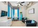 Well-lit office space featuring a desk, chairs, shelving, and stylish blue accents at 26065 N 74Th Dr, Peoria, AZ 85383