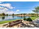 Beautiful community lake view with a tranquil bench, lush green grass, and houses surrounding the blue water at 4777 S Fulton Ranch Blvd # 1024, Chandler, AZ 85248