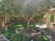 Secluded backyard features artificial grass, lush greenery, and brick accents for a serene outdoor experience at 11021 N 64Th Ln, Glendale, AZ 85304