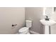 Cozy bathroom with a sleek, modern pedestal sink, toilet, and black accessories at 15622 S 181St Dr, Goodyear, AZ 85338