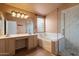 Bathroom features a large mirror, vanity with double sinks, separate bathtub and a glass-enclosed shower at 1024 N Ithica Ct, Chandler, AZ 85225