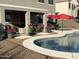 Backyard pool featuring an umbrella, seating areas, and decorative landscaping at 1194 E Coyote Creek Way, San Tan Valley, AZ 85143